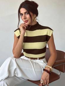 Firerie Elegant High Neck Loose Casual Versatile Sleeveless Knitted Striped Sweater Vest, Suitable For Dating, Chic - White - View 6