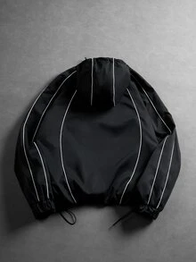 PAVTROS Men's Casual Zip-Up Drawstring Hooded Jacket, Short Streetwear Tech Windbreaker, Loose Fit Outerwear, Autumn/Winter - Black - View 2