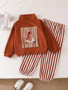 SHEIN 女童 2 件套，秋冬長袖拉鍊立領夾克 + 條紋慢跑褲，可愛卡通臘腸狗印花上衣，舒適休閒兒童服飾，適合學校、日常戶外穿著 - 棕色 - 查看 2