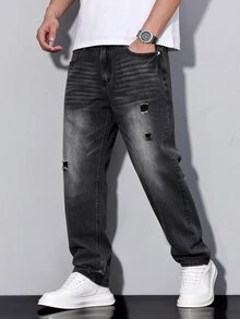 QuarKem Men's Fashion Casual Minimalist Black Washed Denim Straight Leg Pants - Dark Grey - View 3