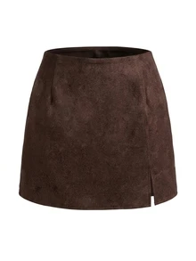 Sweetra CURVE Vintage Distressed Jacquard Shorts With Slit Design, High Waist Bodycon Hip-Flattering Skort - Brown - View 6