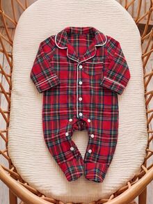 SHEIN 新生兒男嬰女嬰休閒舒適百搭可愛紅色格紋連身衣居家服聖誕睡衣 - 紅色 - 查看 9