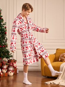 Notgurli Men's Christmas Reindeer Print Flannel Robe, Thickened Lapel Tie Long Bathrobe For Autumn/Winter - White - View 5