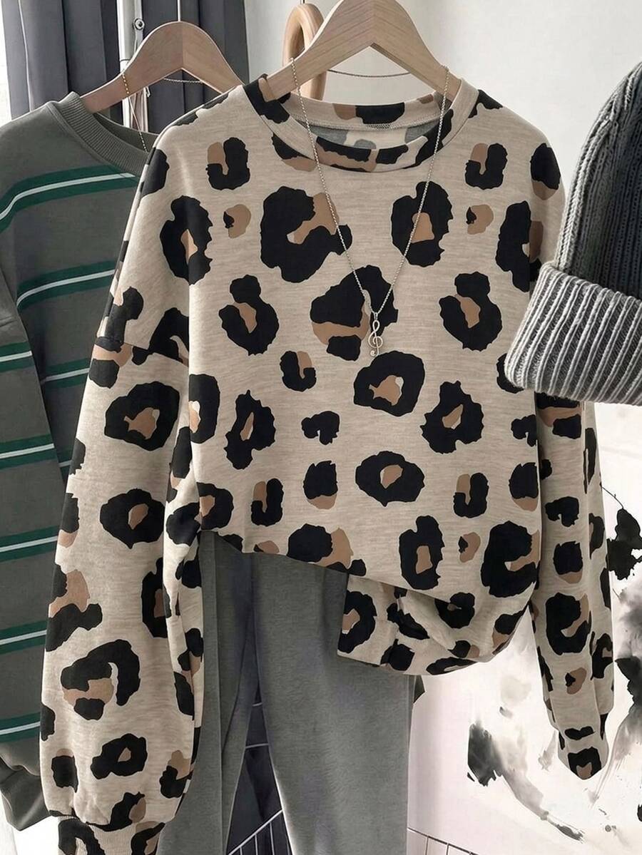 SHEIN LUNE 女款休閒圓領寬鬆衛衣,豹紋印花衛衣 - 彩色 - 查看 1