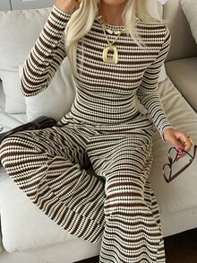 SHEIN EZwear Striped Knit Casual Set For Women - Coffee Brown - View 6