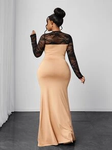 Maweii Plus Size Elegant Fitted Lace Patchwork Long Dress For Women - Apricot - View 6