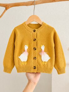 SHEIN كارديجان بناتي بنمط كرتوني أحادي الصدر كاجوال للخروجات اليومية في الخريف والشتاء - خردل الأصفر - مشاهدة 2