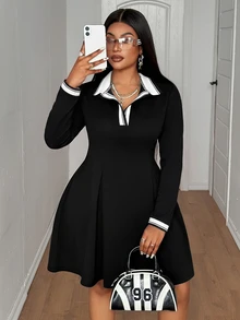 Maweii Plus Size Black Elegant Elegant Slim Fit Long Sleeve Dress - Black - View 5