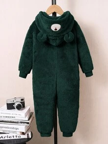 SHEIN 兒童小男孩休閒可愛熊刺繡圖案卡通帽領絨毛長袖長褲梭織連身褲，適合學校、花園、海灘、生日，春夏秋冬四季穿著 - 墨綠色 - 查看 3