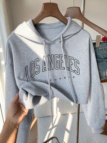 Comfortcana Letter Graphic Drop Shoulder Crop Drawstring Hoodie,Long Sleeve Tops In Fall/Winter - Light Grey - View 7