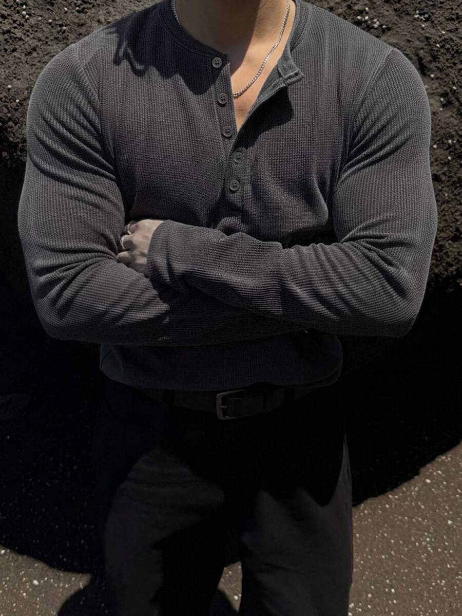 DAZY Spring/Autumn Dark Grey Waffle Fabric Long Sleeve Crew Neck Half-Button Plus Size Men's T-Shirt - Dark Grey - View 1