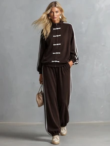 LUMIGAL Women's Autumn/Winter Brown Fashion Casual Sporty Style Frog Button Element Sweatshirt & Long Pants 2 Pieces Set - Brown - View 1