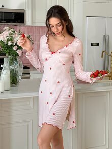 SweetSlumber Women's Sweet Ins-Style Striped Strawberry Print Long Sleeve Short Nightgown - Pink - View 1