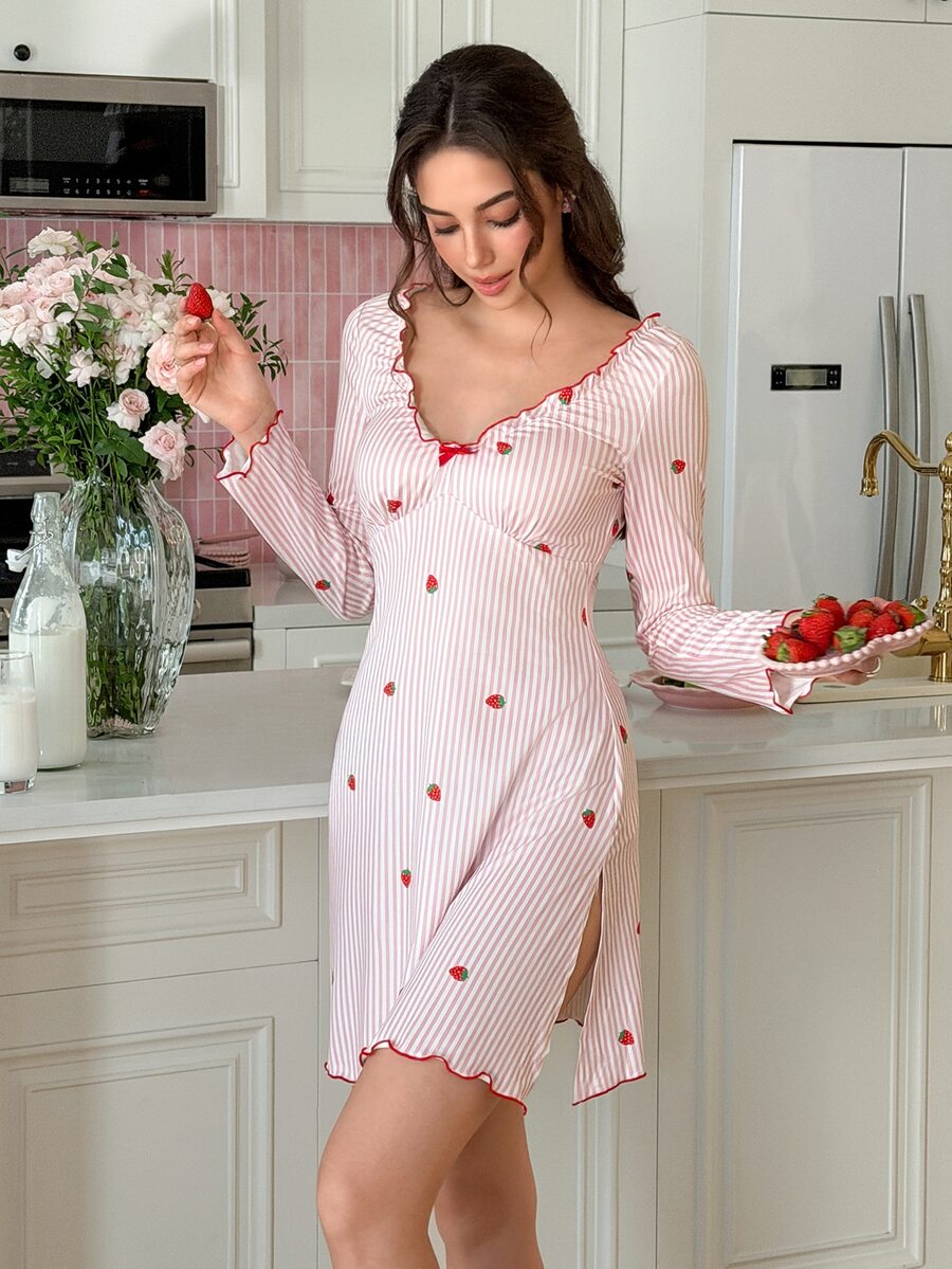 SweetSlumber Women's Sweet Ins-Style Striped Strawberry Print Long Sleeve Short Nightgown - Pink - View 1