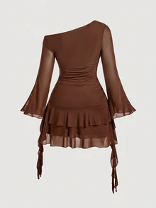 SHEIN MOD Plus Size Women's Solid Slant Shoulder Layered Ruffle Hem Shoulder Dress ,Fall/Winter - Camel - View 3