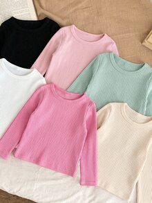 SHEIN LMoss Kids 6件組 LMoss 女嬰多功能彈性針織純色長袖打底上衣，秋季/冬季百搭 - 彩色 - 查看 3