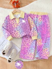 SHEIN 少女時尚休閒豹紋馬術印花翻領V領長袖運動衫與內搭 - 彩色 - 查看 3