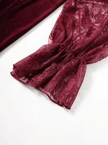 Rometta 大尺碼修身天鵝絨蕾絲長袖深色萬聖節洋裝，秋季派對婚禮賓客黑色哥德風優雅冬季禮服 - 酒紅色 - 查看 5