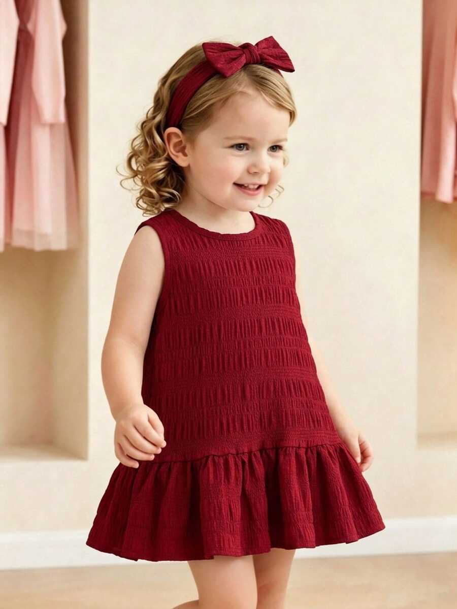 SHEIN Baby Girl Ruffled Sleeveless Solid Color Dress, Casual And Comfortable Princess Dress For Summer, Suitable For Outings Or Layering - Burgundy - View 1