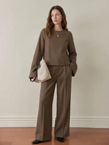 Dazy-Less Women's Solid Color Long Sleeve Top And Pants Casual Daily 2 Pieces Set - Coffee Brown - View 1