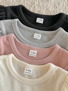 SHEIN Set 4 món bodysuit romper bé gái cơ bản thường ngày, màu trơn, len gân, tay ngắn và tay dài, độ dày vừa, phong cách mùa thu - Nhiều màu - Xem 5