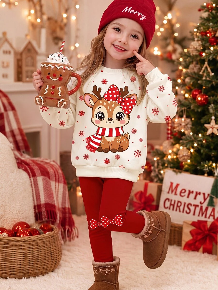 Young Girl Round Neck Colorblock Cartoon Deer Snowflake Polka Dot Print Long Sleeve Sweatshirt With Solid Color Bow Print Leggings Set - Multicolor - View 1