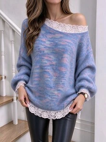 Elyressa Women's New Fashion Elegant Asymmetric Shoulder Lace Patchwork Long Sleeve T-Shirt - Multicolor - View 5