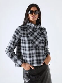 LYSMO Women's High Neck Long Sleeve Bowknot Plaid Fashion Shirt - Multicolor - View 6
