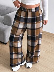 Vionelle Plus Size Loose Plaid Elastic Waist Straight Leg Pants, Women's Autumn/Winter - Multicolor - View 1