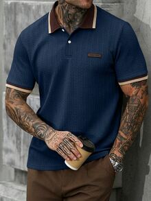 Manfinity CasualCool 男士字母印花短袖 Polo 衫 米色 夏季 簡約休閒 度假風 復古老錢風 通勤日常休閒辦公上衣 - 寶藍色 - 查看 5