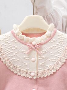 SHEIN 4-7歲女童米色蕾絲蝴蝶結開襟衫百褶裙兩件套，甜美拼接蕾絲針織毛衣套裝，適合春季、秋季、冬季戶外穿著 - 粉色 - 查看 3