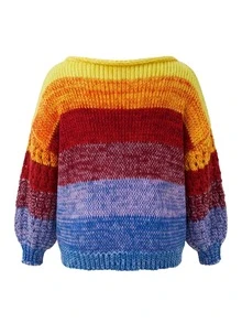Sweetra CURVE Plus Size Women's Colorblock Round Neck Long Sleeve Casual Versatile Daily Wear Sweater - Multicolor - View 2
