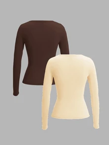 SHEIN EZwear 2件組女款春秋休閒日常通勤簡約百搭純色半排扣長袖修身T恤 - 彩色 - 查看 2