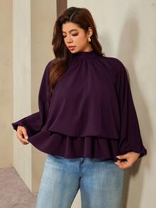 Auralis Coffee Brown Raglan Long Sleeve Plus Size Loose Waist Elastic Ruffle Hem Pullover Blouse Casual Top Elegant Office Formal Business Work Women Autumn - Purple - View 4