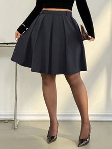 Auralis 大尺碼女款百褶中長裙，優雅通勤開學風，黑白配色，秋季復古學院風喇叭A字收腰下身裙 - 深灰色 - 查看 6