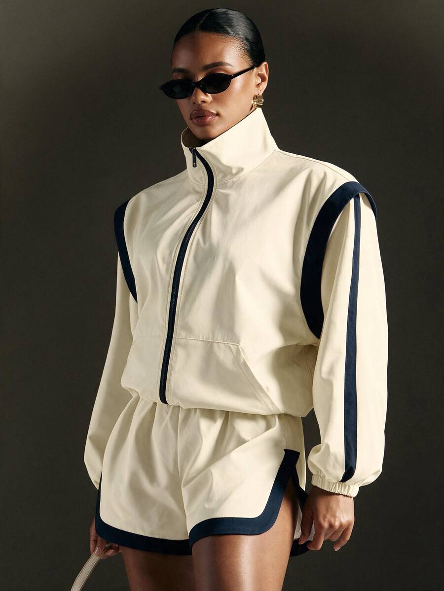 Hauture Women's Navy Blue Contrast Striped Stand Collar Sports Jacket , Casual American Retro Loose Zipper Jacket - White - View 1