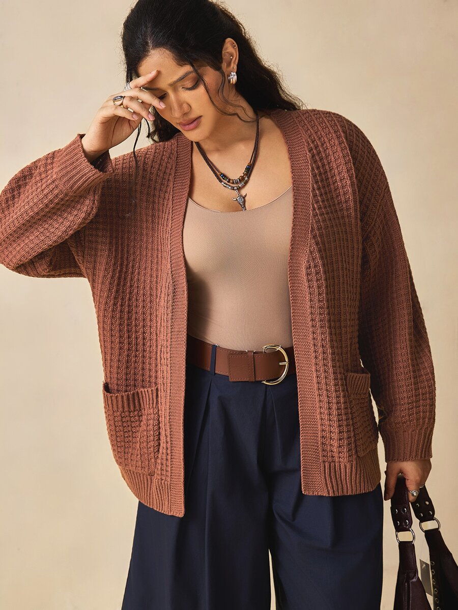 Nubod Plus Size Brown Pocket Design Long Sleeve Cardigan Sweater Vintage Comfortable Casual - Brown - View 1