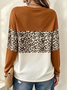 SHEIN LUNE Patchwork Design Leopard Print Fashion Casual Plus Size T-Shirt - Multicolor - View 2