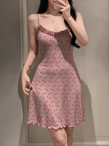 DAZY 碎花荷葉邊收腰短洋裝 夏季女款睡裙 - 粉色 - 查看 3