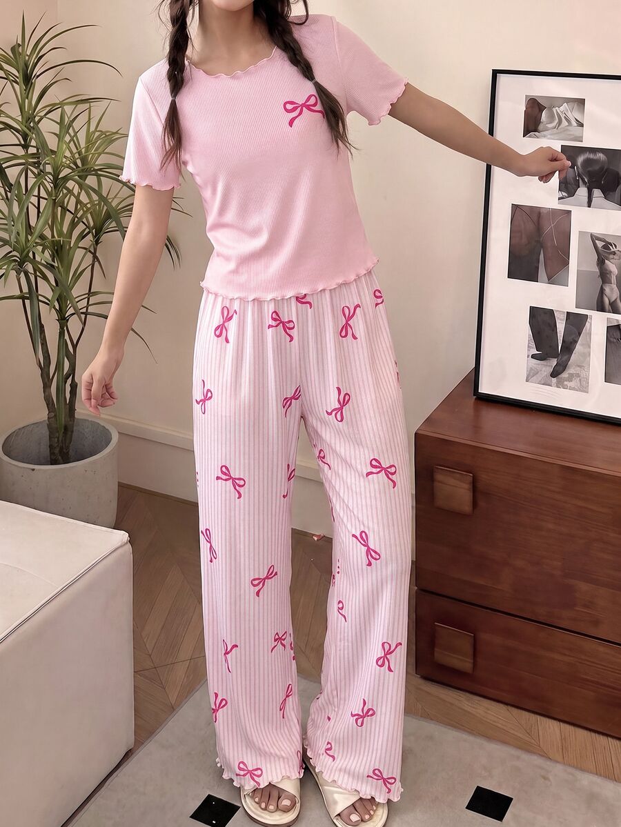 SHEIN Tween Girl Pajamas, Simple Cute Retro Polka Dot Cartoon Bear Pattern, Round Neck Short Sleeve Long Pants With Ruffle Hem, - Pink - View 1