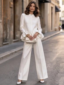 Balvessa Women's Solid Color Round Neck Ruffle Trim Fashionable Premium 2 Pieces Set - White - View 5