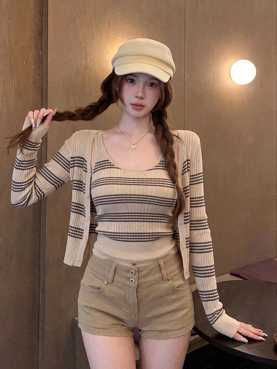 DAZY Relaxed Fit Slimming V-Neck Striped Knit Tank Top & Long Sleeve Cardigan 2 Pieces Set For Women, Early Autumn Elegant Outfit - Apricot - View 1