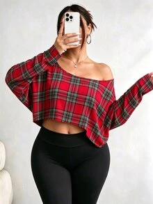 Elenzga Plus Size Women's Asymmetric Collar Long Sleeve Cropped Casual T-Shirt, Leopard Print, SpringAutumn Fall - Chocolate Brown - View 1