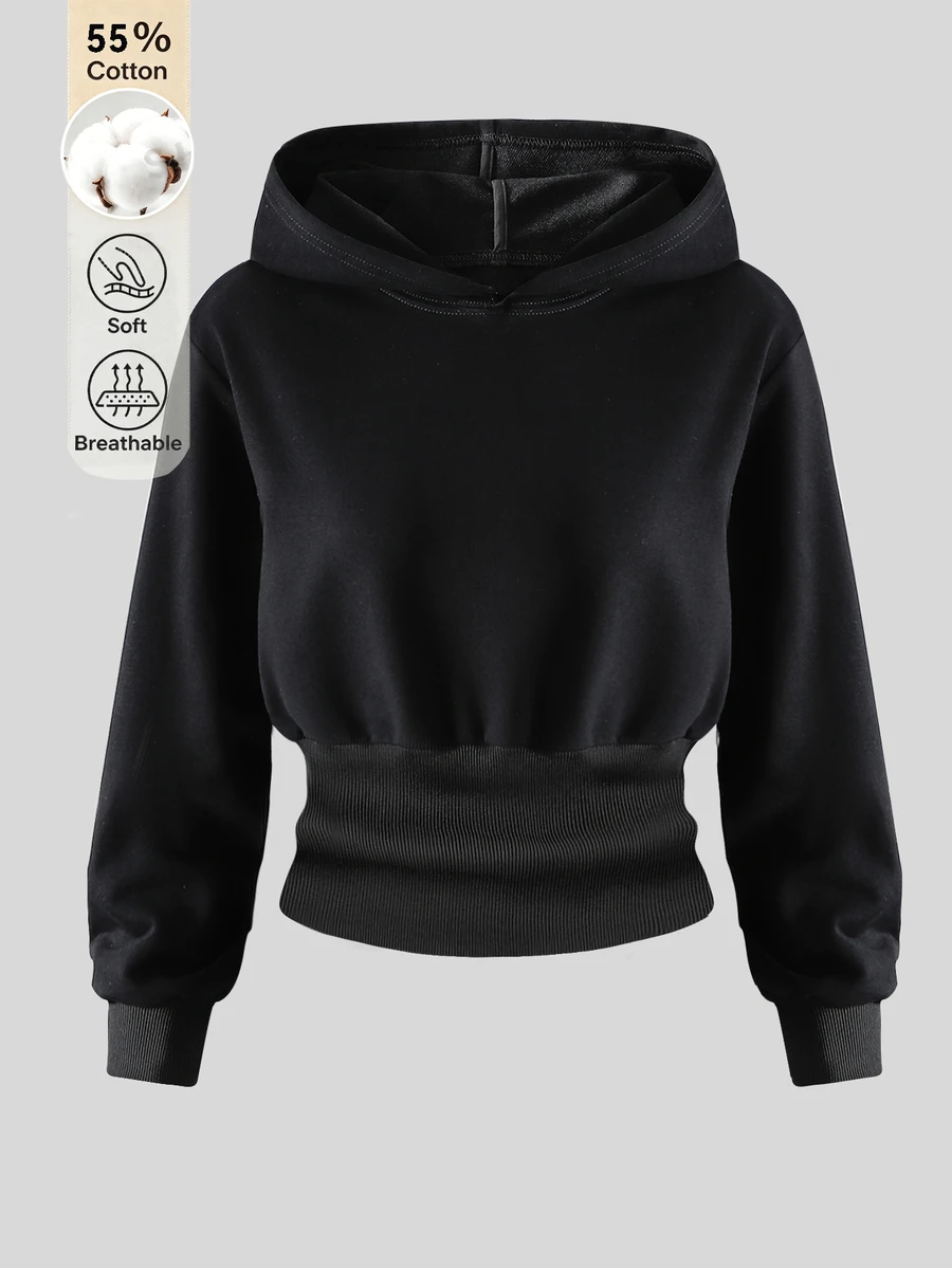 SHEIN Tween Girl Long Sleeve Hooded High Waist Black Sweatshirt Halloween Autumn Fall Basic Casual Style Fall Gym School