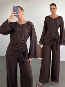 Siren Gaze Women's Autumn/Winter New Lace Patchwork Casual Set - Brown - View 4