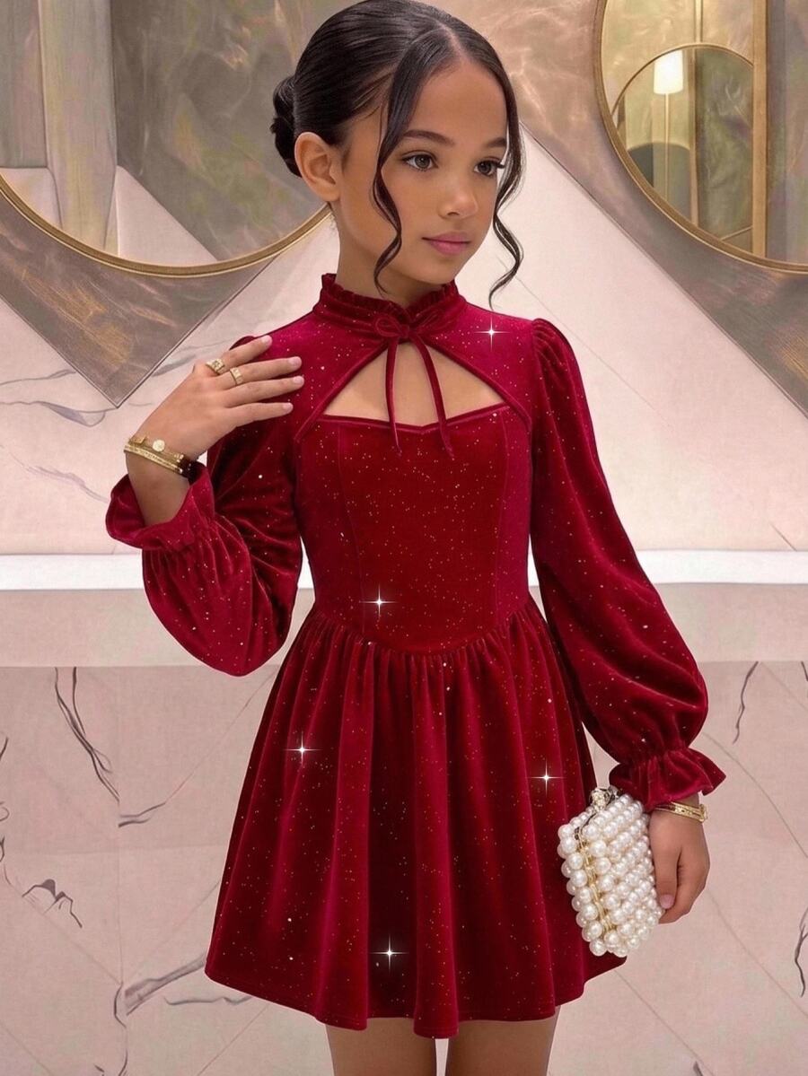 Pitira 青少年女孩優雅酒紅色天鵝絨長袖洋裝,適合秋季、返校與聖誕節 - 酒紅色 - 查看 1