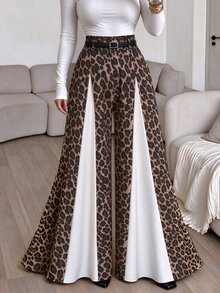 Elenzga Personalized Leopard Print Colorblock Wide Leg Long Pants High Waist Design Contrast Patchwork Flared Hem Slimming Flowy Casual Pants - Multicolor - View 6