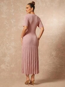 Lumalex 女款圓領短袖單排扣休閒杏色針織洋裝，適合日常外出、都市通勤、商務聚會、度假穿著 - 粉色 - 查看 2