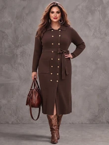 Linhara CURVE Plus Size Vintage Double-Breasted Long Sleeve Pocket Knit Dress - Coffee Brown - View 6