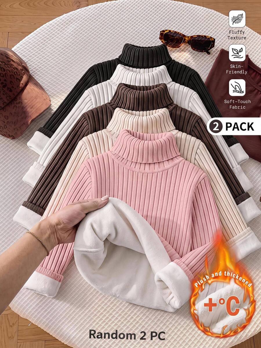 SHEIN EZwear Women's Autumn/Winter Casual Daily Commute Simple Versatile Solid Color Ribbed Knit High Neck Thermal Lined Warm T-Shirt - Multicolor - View 1